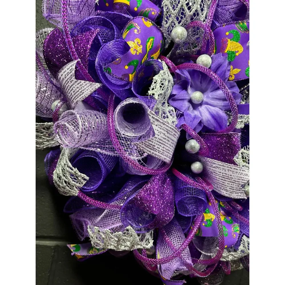 Large Handmade Mardi Gras Front Door Wreath Purple Silver Deco Mesh 22 Inch